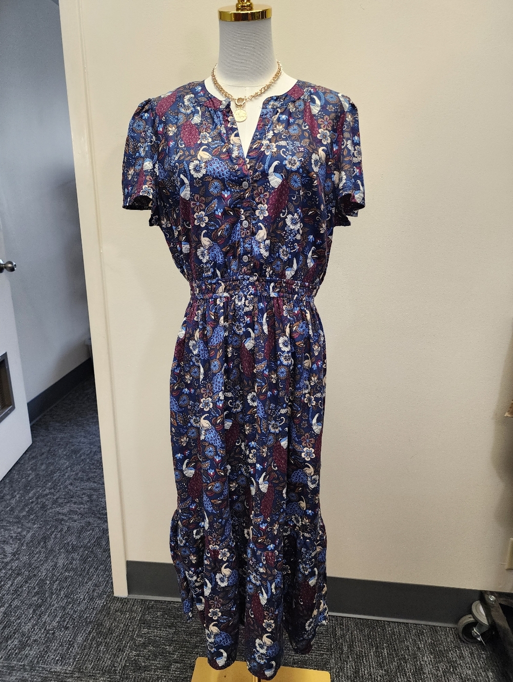 LOFT Blue Floral Midi Dress Petite Paisley Workwear Casual Spring Dress Size Lg